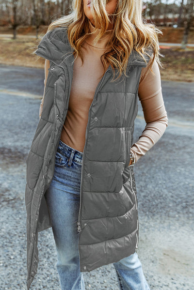 Dark Grey Hooded Long Quilted Vest Coat-Outerwear-MomFashion