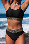 Black Rose Leopard Mesh Trim 2pcs Bikini Swimsuit-Swimwear-MomFashion