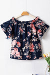 Blue Ruffle Off Shoulder Flounce Sleeve Floral Blouse-Tops-MomFashion