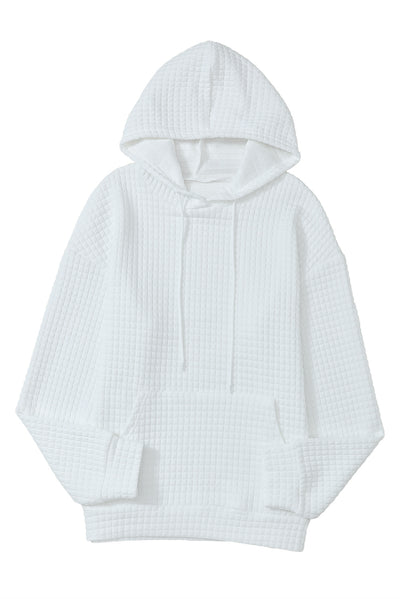 White Quilted Kangaroo Pocket Drawstring Hoodie-Tops-MomFashion