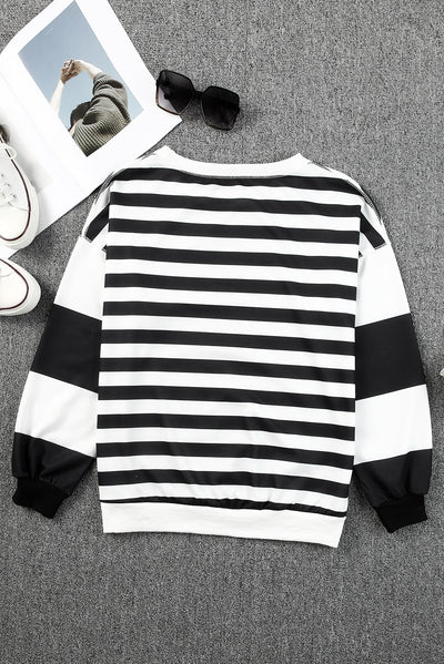 Black Stripe Drop Shoulder Striped Pullover Sweatshirt-Tops-MomFashion