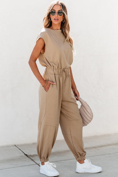 Light French Beige Cap Sleeve Open Back Drawstring Jogger Jumpsuit-Bottoms-MomFashion