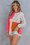 Rose Leopard Patchwork Color Block Ribbed Long Sleeve Top-Tops-MomFashion