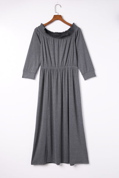 Gray Shirred Off Shoulder Maxi Dress with Split-Dresses-MomFashion