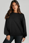 Black Solid O Neck High Low Hem Pullover Sweatshirt-Tops/Sweatshirts & Hoodies-MomFashion