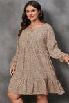 Brown Leopard Spotted Print Tiered Long Sleeve Plus Size Dress-Plus Size-MomFashion