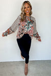 Black Mixed Floral Geometric Print Ruffled Long Sleeve Blouse-Tops-MomFashion