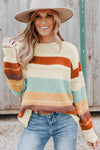 Crew Neck Drop-shoulder Striped Color Block Sweater-Tops-MomFashion