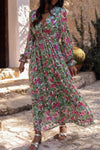 Green Floral Print Deep V Neck Ruched Cinched Waist Maxi Dress-Dresses-MomFashion