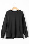 Black Solid O Neck High Low Hem Pullover Sweatshirt-Tops/Sweatshirts & Hoodies-MomFashion