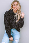 Leopard Animal Print Zipped Collared Sweater-Tops-MomFashion