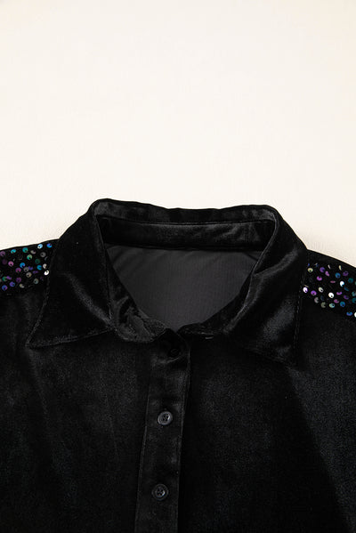 Black Sequin Puff Sleeve Buttoned Velvet Peplum Shirt-Tops-MomFashion