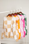 Orange Checkered Bishop Sleeve Sweater-Tops-MomFashion