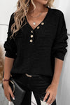 Black Pointelle Knit Button V Neck Drop Shoulder Sweater-Tops-MomFashion