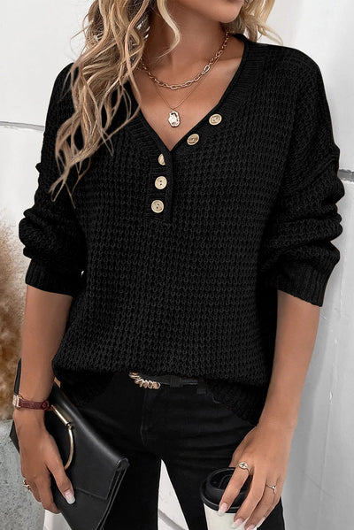 Black Pointelle Knit Button V Neck Drop Shoulder Sweater-Tops-MomFashion