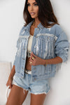 Sky Blue Sequin Embellished Fringe Distressed Denim Jacket-Outerwear-MomFashion