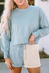 Sky Blue Split Hem Sweatshirt Color Block Shorts Set-Loungewear-MomFashion