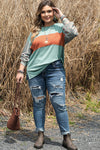 Green Plus Size Striped Long Sleeve Colorblock Tee with Slits-Plus Size-MomFashion
