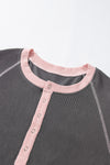 Carbon Grey Textured Contrast Stitching Henley Top-Tops-MomFashion