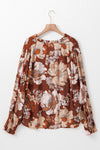 Brown Frilled V Neck Bubble Sleeve Floral Blouse-Tops-MomFashion