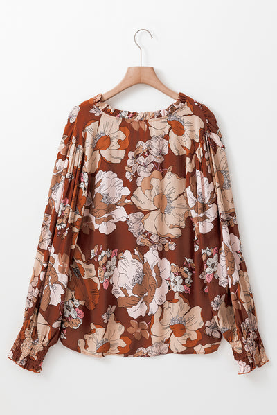 Brown Frilled V Neck Bubble Sleeve Floral Blouse-Tops-MomFashion