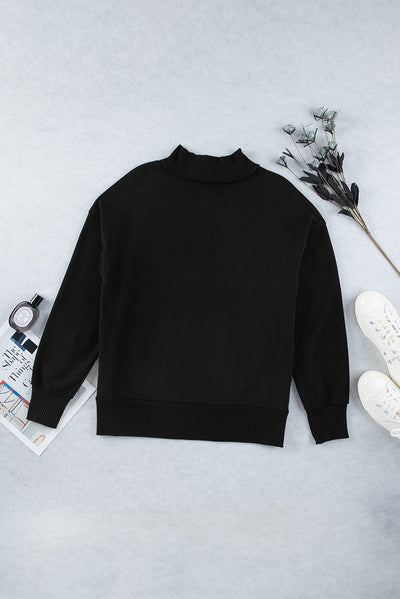 Black Ribbed Hem Snap Button Neckline Sweatshirt with Pocket-Tops-MomFashion