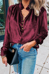 Burgundy Frilled Neck Buttoned Front Velvet Top-Tops-MomFashion