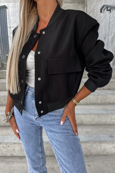 Black Big Pockets Baseball Collar Jacket-Outerwear-MomFashion