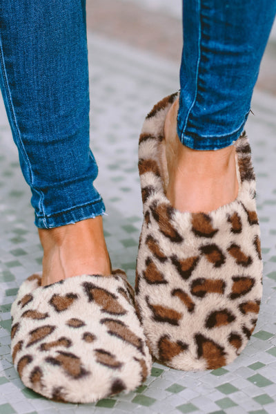 Camel Leopard Print Fuzzy Home Slippers-Shoes & Bags-MomFashion