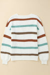 Beige Drop Shoulder Pocketed Stripe Sweater Cardigan-Tops-MomFashion