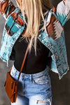 Multicolor Aztec Print Frayed Hem Denim Jacket-Outerwear-MomFashion