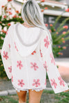 White Floral Print Lightweight Knit Hooded Sweater-Tops-MomFashion