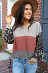 Fiery Red Wild Leopard Contrast Sleeve Colorblock Waffle Knit Top-Tops-MomFashion