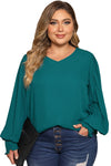 Green Pleated Bubble Sleeve Plus Size Blouse-Plus Size-MomFashion