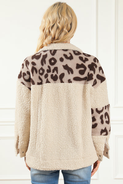 Beige Leopard Patchwork Snap Buttons Sherpa Jacket-Outerwear-MomFashion