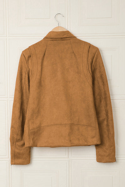 Brown Zipped Notch Collar Short Jacket-Outerwear-MomFashion