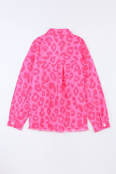 Pink Leopard Print Button Cuffs Raw Hem Jacket-Outerwear-MomFashion