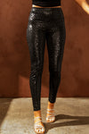 Black Shiny Leopard Textured Leggings-Bottoms-MomFashion