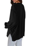 Black Exposed Seam Drop Shoulder Slit High Low Hem Sweatshirt-Tops-MomFashion