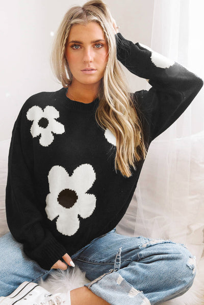 Black Big Flower Pattern Knit Sweater-Tops-MomFashion