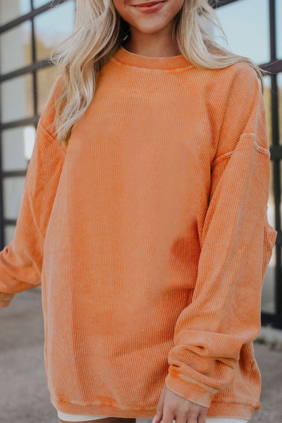 Orange Ribbed Corded Oversized Sweatshirt-Tops-MomFashion