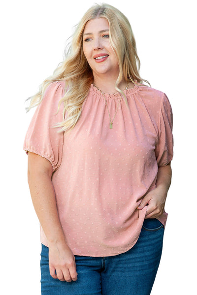 Pink Plus Size Swiss Dot Puff Sleeves Top-Plus Size-MomFashion