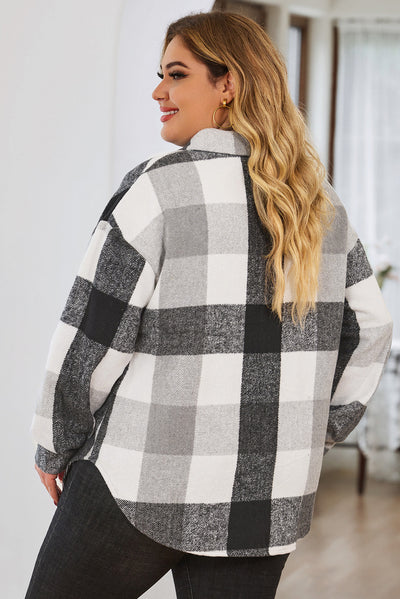 Gray Plus Size Checkered Button-Up Shacket-Plus Size-MomFashion