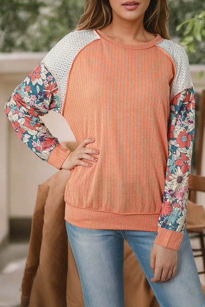 Grapefruit Orange Floral Patchwork Puff Sleeve Textured Blouse-Tops-MomFashion