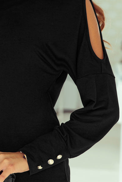 Black Asymmetrical Cut Out Buttoned Long Sleeve Top-Tops-MomFashion