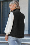 Black Snap Button Pocketed Sherpa Vest Jacket-Outerwear-MomFashion