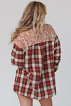 Fiery Red Floral Plaid Mixed Print Bishop Sleeve Patchwork Top-Tops-MomFashion