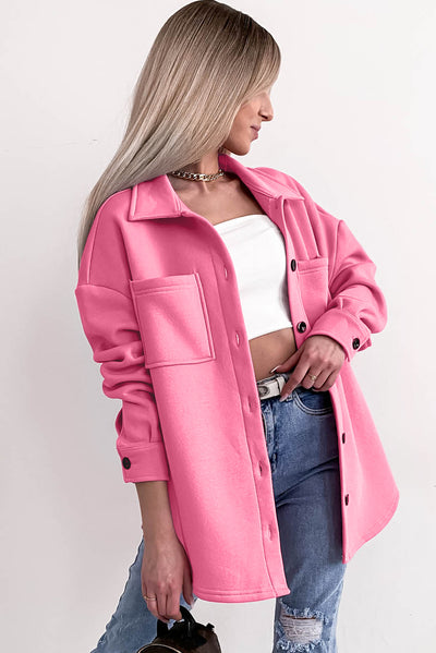 Pink Solid Color Pocketed Button up Long Sleeve Shacket-Outerwear-MomFashion