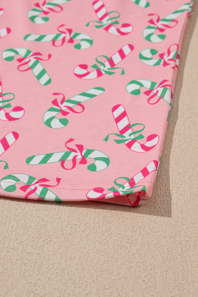 Pink Christmas Candy Cane Print Pocketed Knotted Pajama Set-Loungewear & Sleepwear/Sleepwear-MomFashion