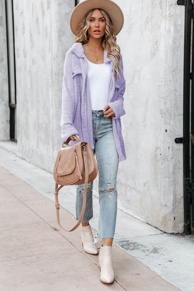 Purple Plush Button Down Pocketed Shirt Jacket-Outerwear-MomFashion